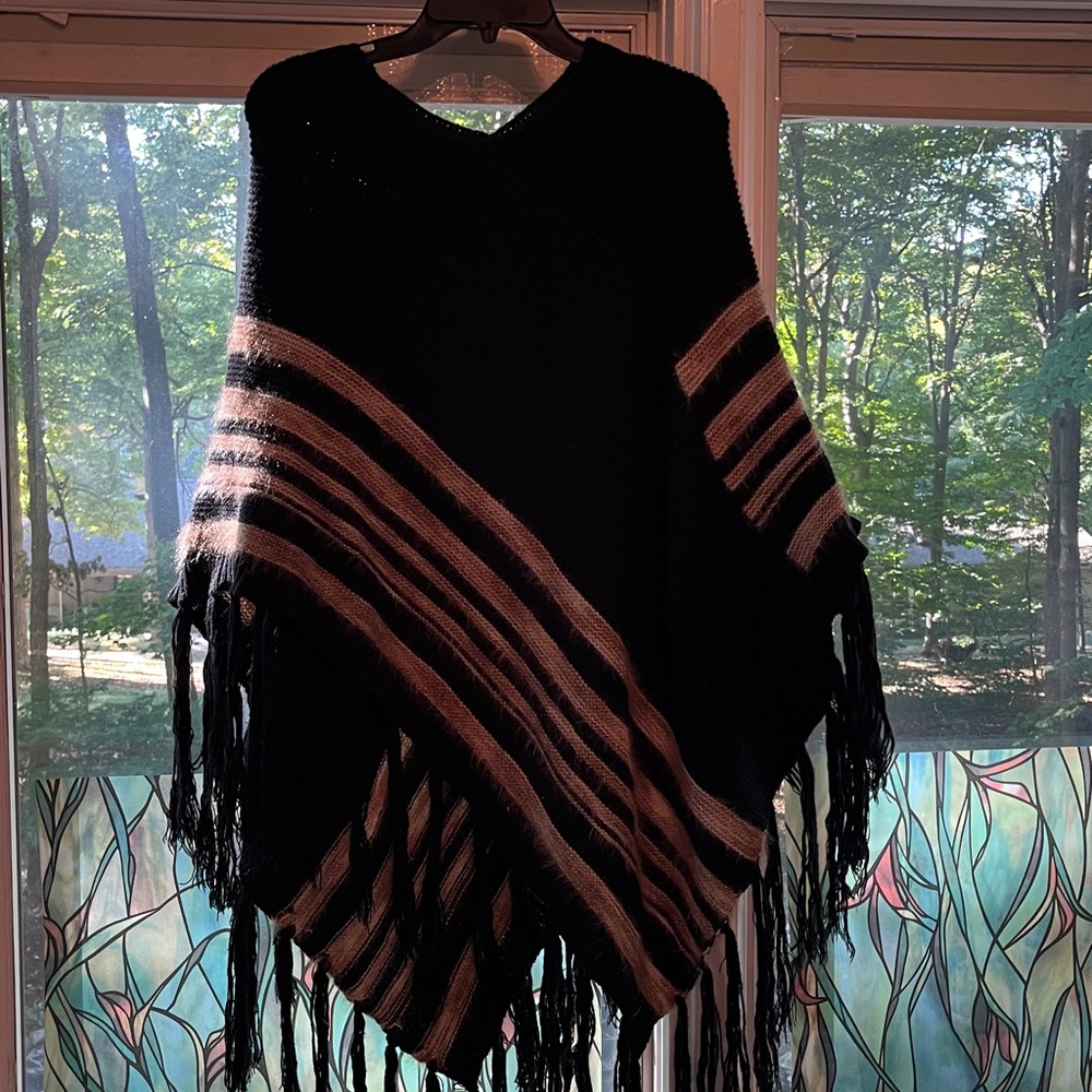 Coco + Carmen Black Knit Poncho with Fringe